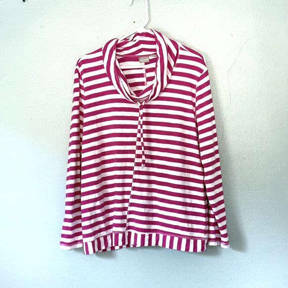 Chicos Top Womens Size 3 (XL) Pink White Stripe Funnel Neck Long Sleeve Zenergy - Picture 1 of 6